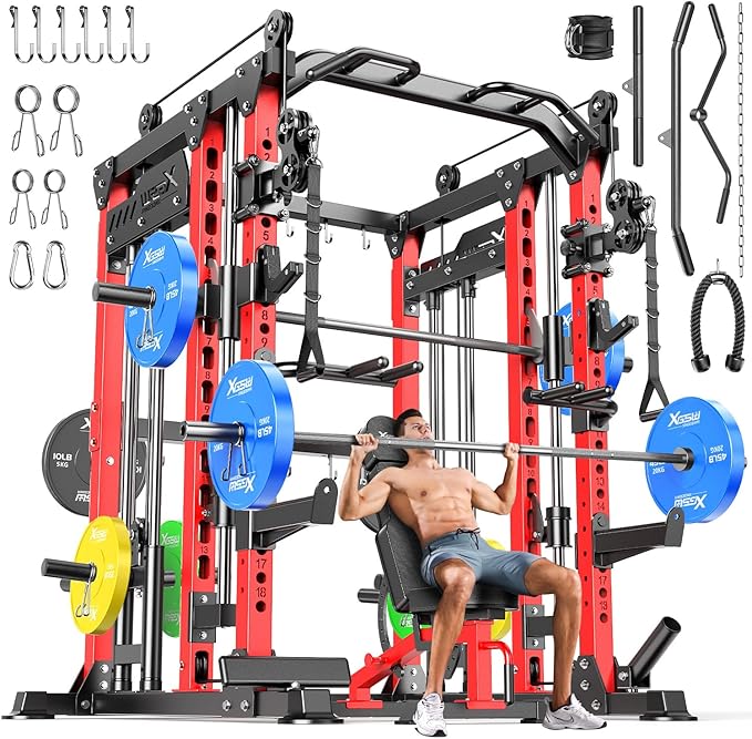 Smith Machine with Cable Crossover System, Multi-Function Power Cage Squat Rack for Home Gym, Power Rack and Packages Weight Sets.