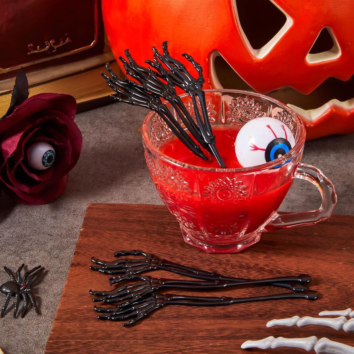 Remerry 100 Pcs Halloween Skeleton Swizzle Sticks Cocktail Garnish Sticks Hand Plastic Food Picks Coffee Stirrers Reusable Drink Stir Sticks Halloween Party Decorations for Birthday Bar Home(Black)
