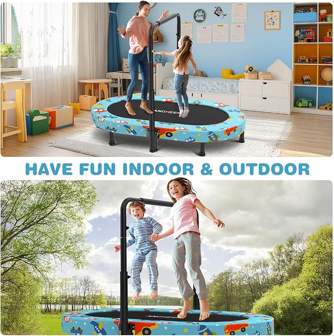 ANCHEER 56" Double Mini Trampoline for Kids, Mini Rebounder with 5-Level Adjustable Handle, Parent-Child Trampoline for Kids, Max Load 220lbs, Fun for Indoor/Outdoor