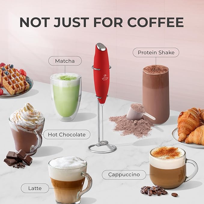 Zulay Powerful Milk Frother (4 Duracell Batteries Included) - Handheld Milk Frother Wand Drink Mixer for Coffee - Powerful Milk Foamer for Cappuccino, Frappe, Matcha & Coffee Creamer - Red