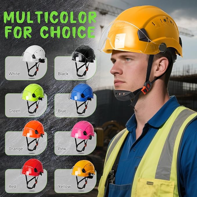 AOLAMEGS Construction Yellow Hard Hats - ANSI Z89.1 Class C Approved Adjustable Vented Hard Hat with Clear Visor for Men Women 6-Point Suspension ABS Safety Helmet for Outdoor Height Work