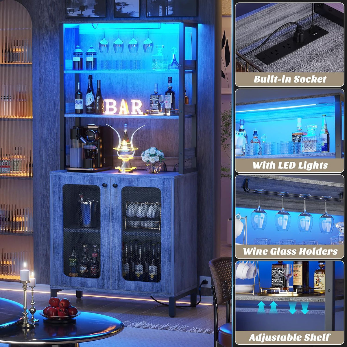 Aheaplus Bar Cabinet with Power Outlets, 67" Tall Wine Bar Cabinet Liquor Cabinet with LED Lights and Glass Holder, Coffee Bar Station for Living Room, Microwave Stand Bakers Rack Cabinet, White Oak