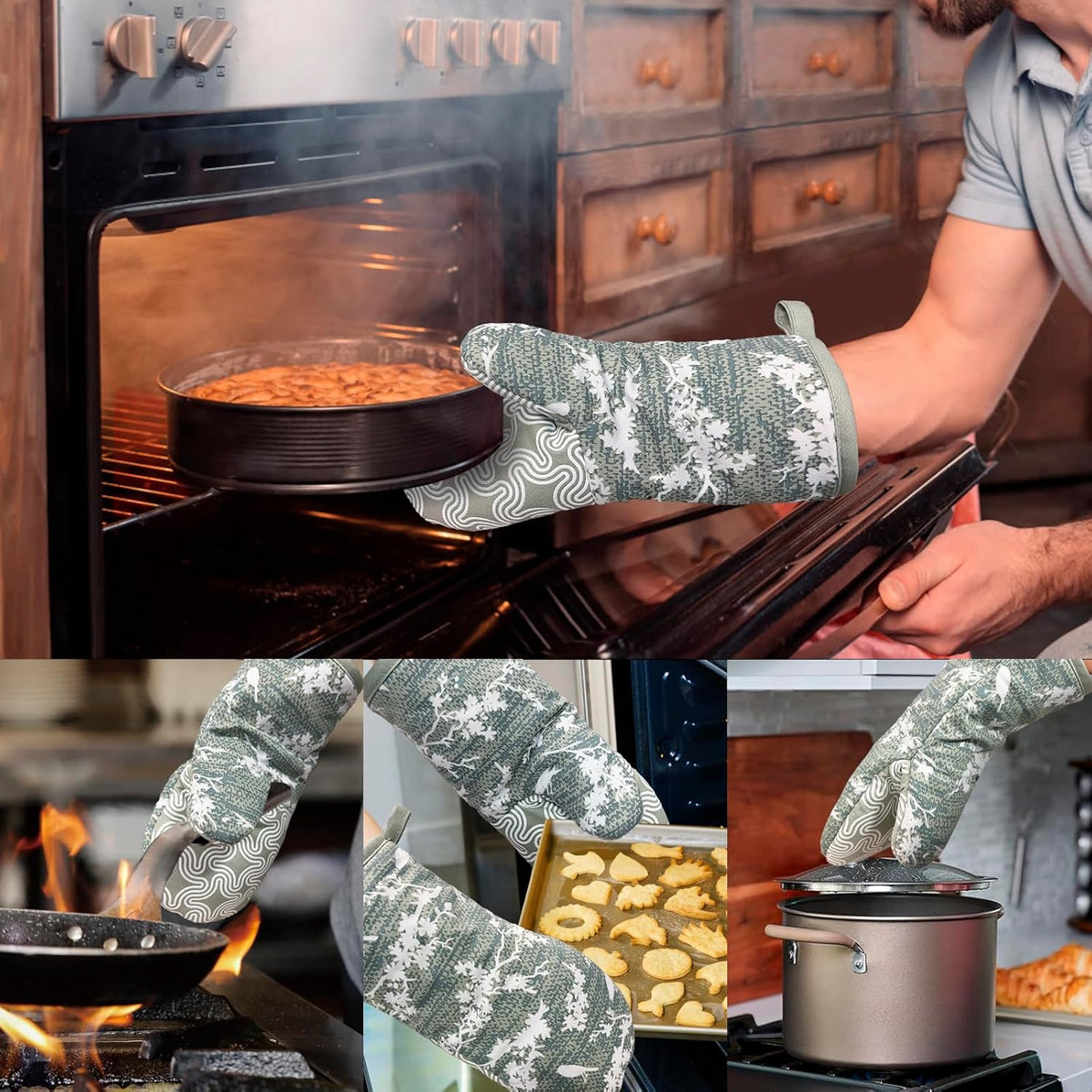Thumb Oven Mitts, Heat and Slip Resistant Silicone Kitchen Mittens 2-Pack Set, Aqua Birds Soft Long Oven Gloves, Flexible Thick Potholders for Safe Baking Cooking and Grilling (Aqua)
