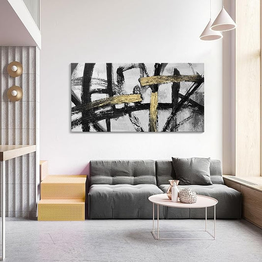 Black White and Gold Wall Art, Modern Paintings Abstract Graffiti Canvas Prints Artwork Black Grey Wall Pictures for Living Room Bedroom Bathroom Home Office Decor 20x40 In