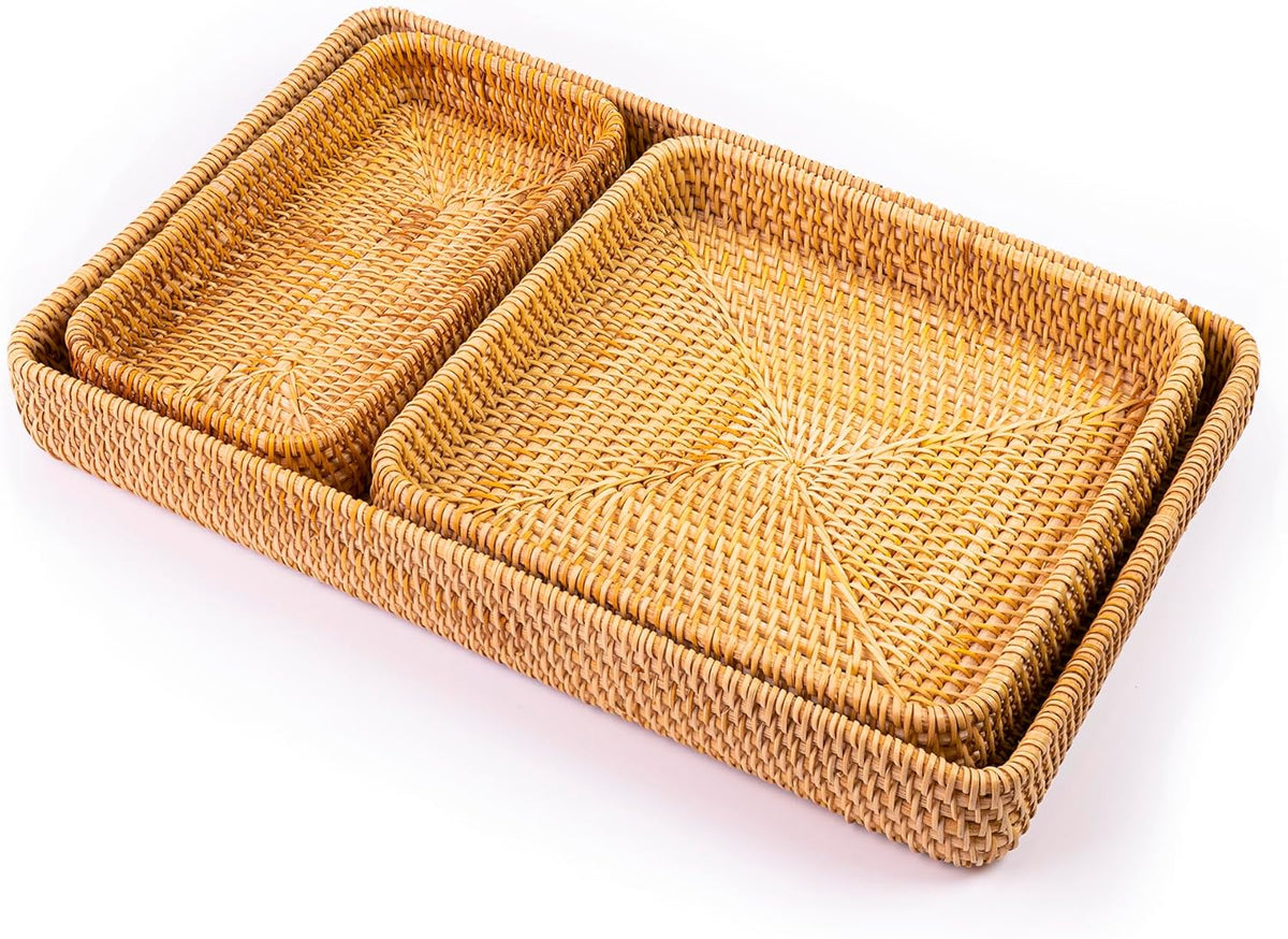 Handmade Rattan Serving Trays, Set of 3, Woven Rectangular Storage Baskets