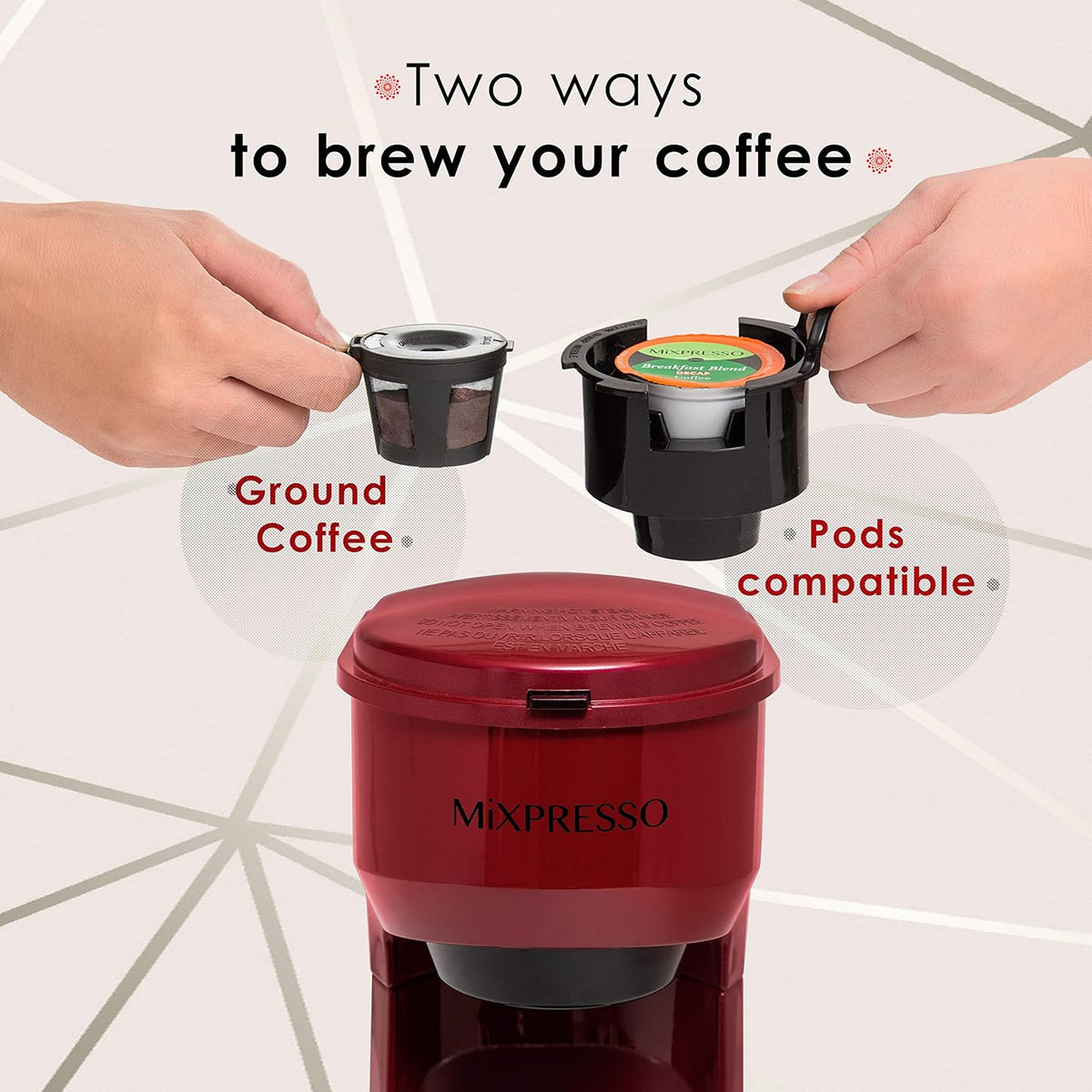 Mixpresso 2 in 1 Coffee Brewer, Single Serve & Personal Coffee Maker, Compact Size Mini, Quick Brew Technology, 14oz Red