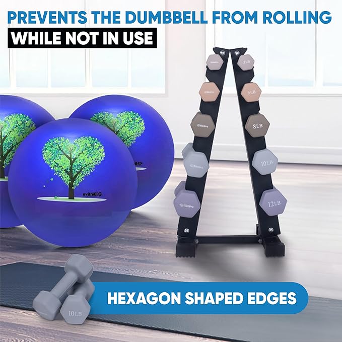 Dumbbell Set with Rack - Neoprene Coated Weights with Stand - Hex Color Coded Dumbell Pairs 1-20 LBs