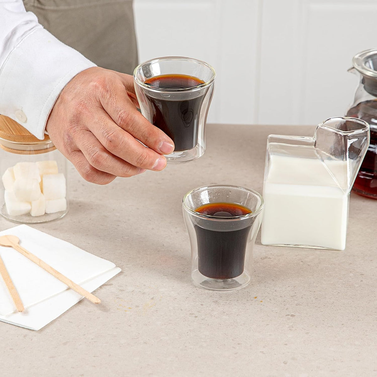 Restaurantware-Forma Professional 3.4 oz Double Wall Shot Glasses, 2 Insulated Espresso Cups - Dishwashable, Reusable, Clear Glass Coffee Cups, Freezable, For Hot Or Cold Beverages