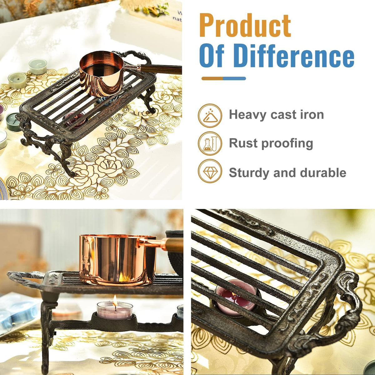 Sungmor Heavy Duty Cast Iron Teapot Dish Warmer Stable Holder for Tealight Stand | Tealight Warmer Decorative Stove for Villa Yard Balcony-Rectangle