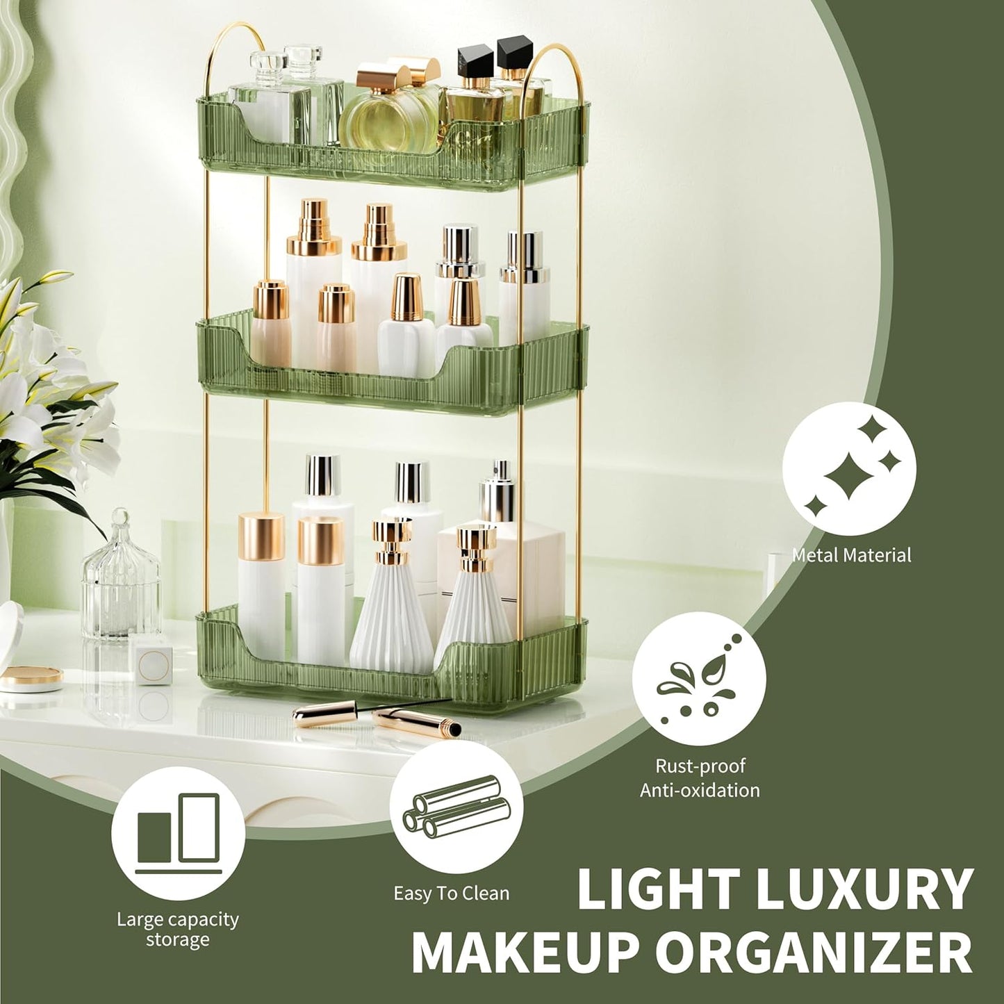 YCIA&DONE Bathroom Organizer Countertop, Makeup Storage, Skincare Cosmetic Tray Shelf, Perfume Holder Rack for Vanity Counter, Large Capacity, Easy to Install, Clean, 3 Tiers, Vintage Green