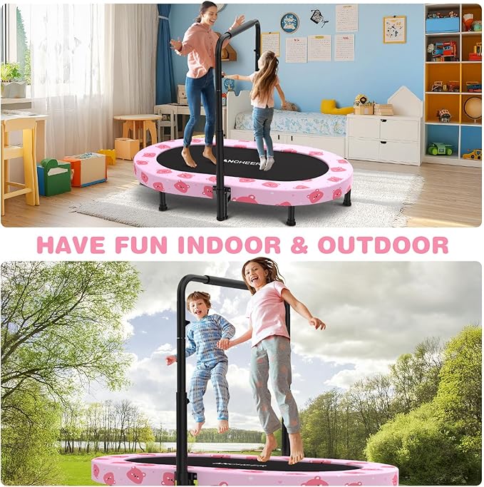 ANCHEER 56" Double Mini Trampoline for Kids, Mini Rebounder with 5-Level Adjustable Handle, Parent-Child Trampoline for Kids, Max Load 220lbs, Fun for Indoor/Outdoor