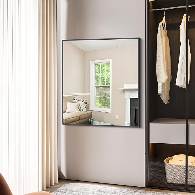 Bathroom Mirror,36x40 inch Wall Mirror for Bathroom Wall Mounted Black Rectangle Square Corner Mirrors, Black Bathroom Mirror for Living Room, Farmhouse, Bedroom Entryway, Horizontal/Vertical