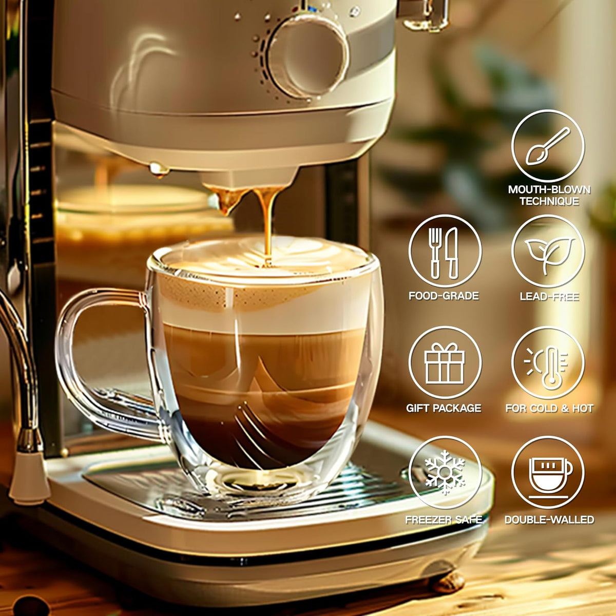 Set of 2 Double Walled Glass Coffee Mugs 6 Ounces Insulated Layer Coffee Cups with Handle Borosilicate Glass Espresso Cup for Hot Beverage,Cappuccino,Tea,Latte,Wine,Microwave Safe
