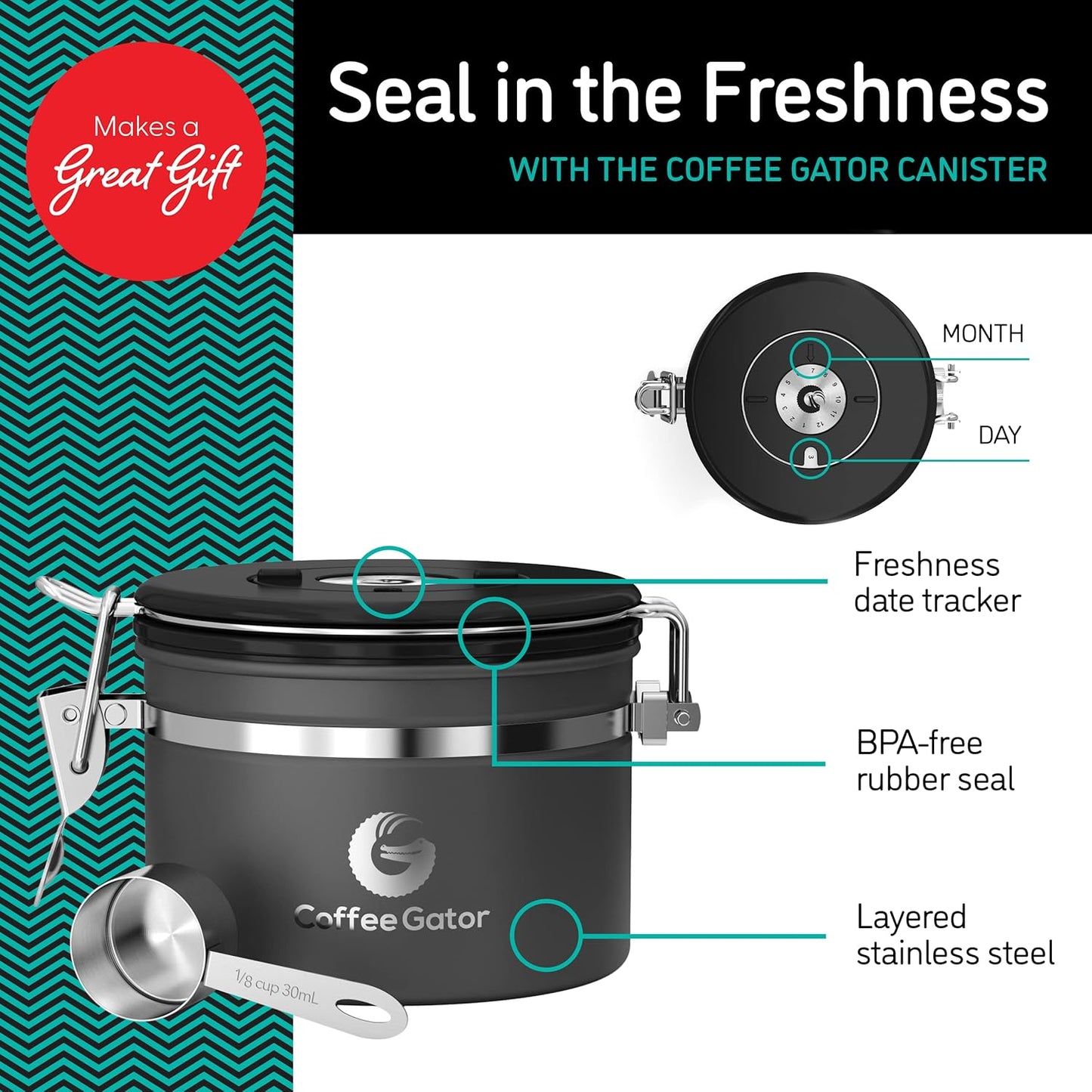 Coffee Gator Coffee Storage - 11oz Small Stainless Steel Tea and Sugar Containers - Stainless Steel Canisters with Date-Tracker, CO2 Valve for Freshness & Scoop - Silver