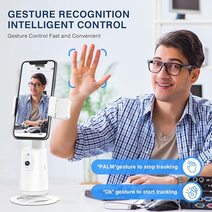 Auto Face Tracking Tripod 360° Rotating Cell Phone Photo and Video Kits Stand, No App, Camera Stand with Remote and Gesture Control, Rechargeable Smart Shooting Stand for Live Recording Tiktok (White)
