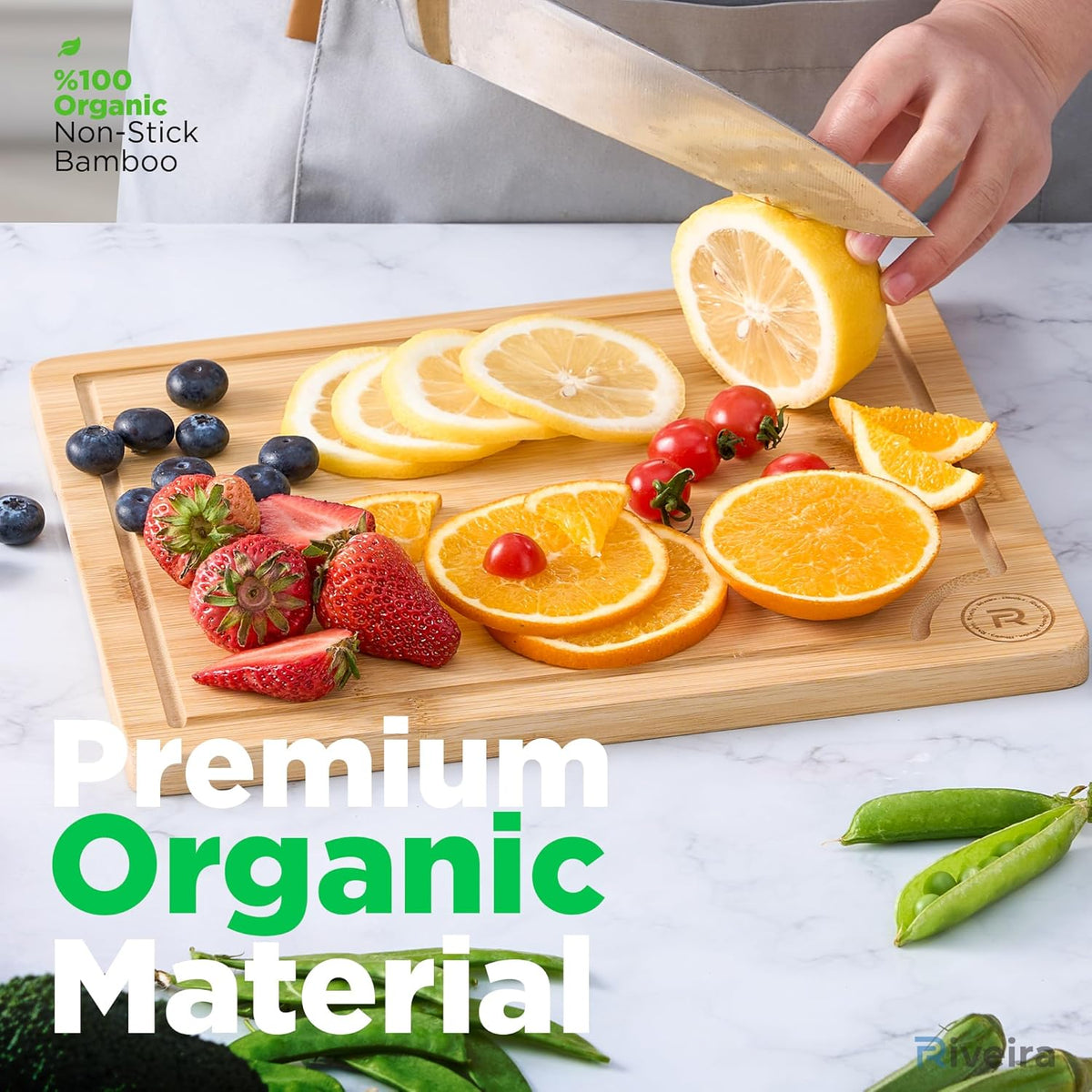 Riveira Cutting Boards For Kitchen – Gourmet Bamboo Grandeur: 12 x 10 Wood Cutting Board – Natural Bamboo Cutting Board – Innovative Juice Grooves Wooden Cutting Boards For Kitchen