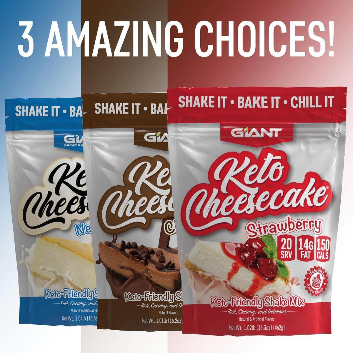 Giant Sports Keto Cheesecake Shake Mix - Delicious Low Carb, Ketogenic Diet Gluten Free Powder Mix - Works Great with Almond Milk - Chocolate (20 Serving Bag)