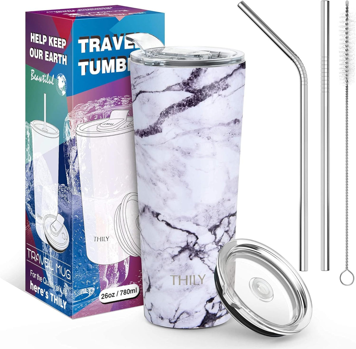 THILY Stainless Steel Vacuum Insulated Tumbler Travel Mug 26 oz Coffee Cup with 2 Lids and Straws, Splash Proof, Keep Ice Drinks Cold, White Marble