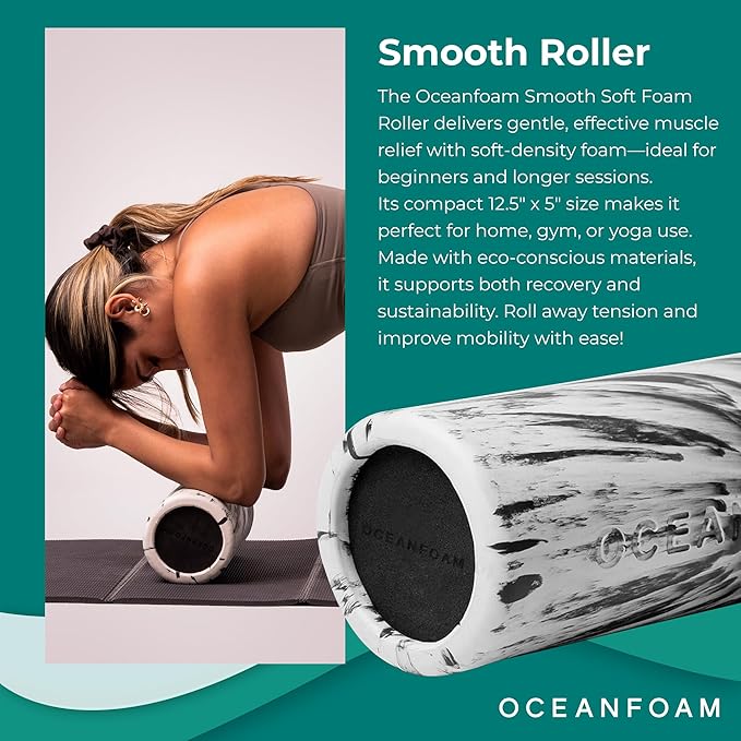 Oceanfoam Smooth Soft Foam Roller (Black Marbled) - Beginner, Travel Sized Low Density Foam Roller for Home & Gym, Physical Therapy, Back Pain, & Exercise - Yoga & Athletics (12.5" x 5")