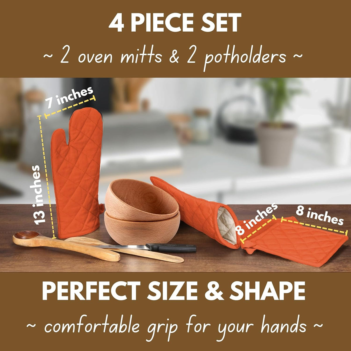 Native Fab 4 Piece Set - 2 Oven Mitts & 2 Potholders, Heat Resistant, 100% Cotton, Quilted Design, Non-Slip Grip, Machine Washable, Ideal for Baking, Cooking, BBQ, Kitchen Protection - Orange