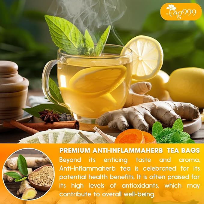 20 Tea Bags - Anti-Inflammaherb Loose Leaf Tea, 100% Natural from Ginger, Turmeric, Peppermint, Black Pepper, Cinnamon. No Sugar, No Caffeine, No Gluten, Vegan