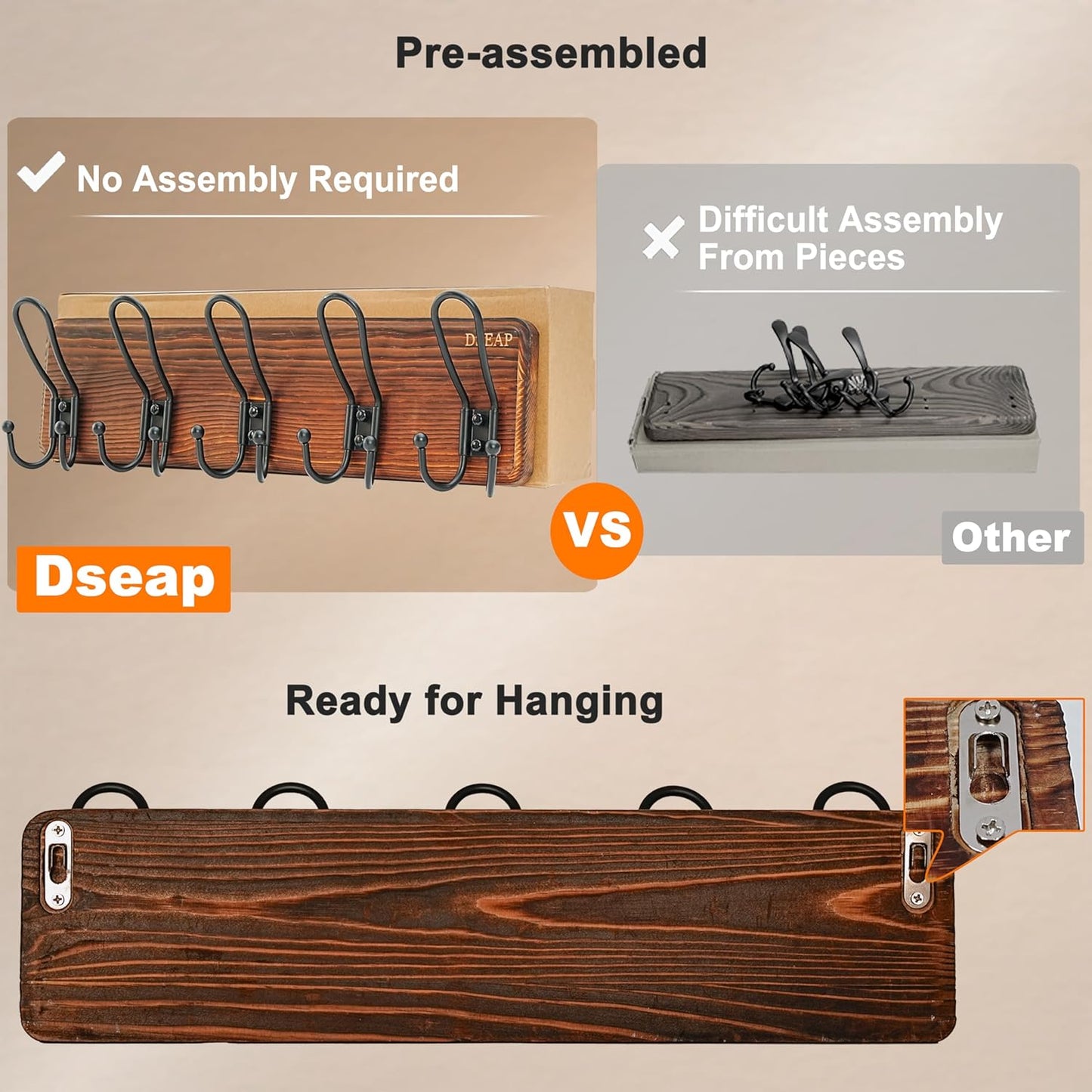 Dseap Coat Rack Wall Mounted - Heavy Duty Farmhouse Rustic Wall Coat Hanger with 5 Wire Hooks for Clothes Hat Jacket Towel, RusticWire, J1-5A, Rustic Brown & Black, Pack of 2
