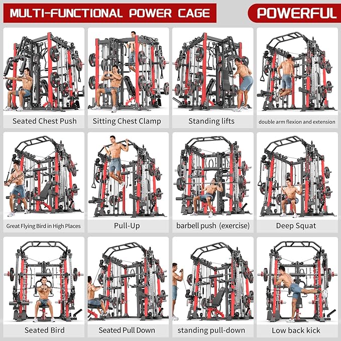Smith Machine Power Rack Multifunctional Power Cage Deep Squat Rack Cable Crossover System Selectable More Training Attachment for Garage & Home Gym