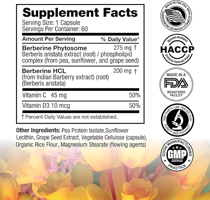 Berberine - High Absorption - 2200mg Equivalent - Herbal Supplement - Lower Blood Glucose - Helps Cholesterol - 60 Capsules