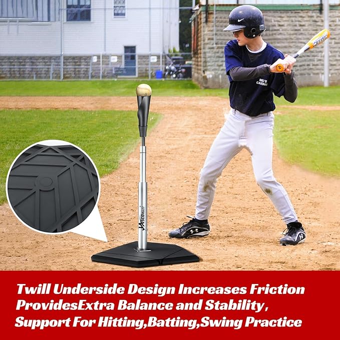 Batting Tee For Baseball And Softball With Traditional Home Plate Base,Alumium Stem,Handroll Rubber Top,Height Adjustable 24 to 46 inche For kids and Adults,Portable Baseball Tee Softball Tee