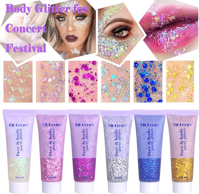 Body Glitter Face Glitter Gel: Singer Concerts Disco Festival Rave Accessories Face Glitter Makeup 150ml Chunky Sequins Mermaid Face Body Hair Glitter Gel (White&Silver&Purple)