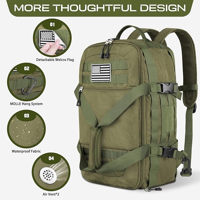 ETRONIK Gym Bags for Men, Large Tactical Duffle Backpack with Shoe Compartment, 3 in 1 Carry on Bag Travel Backpack with Wet Pocket, Weekender Overnight Range Bag for Workout Football Gym, Green