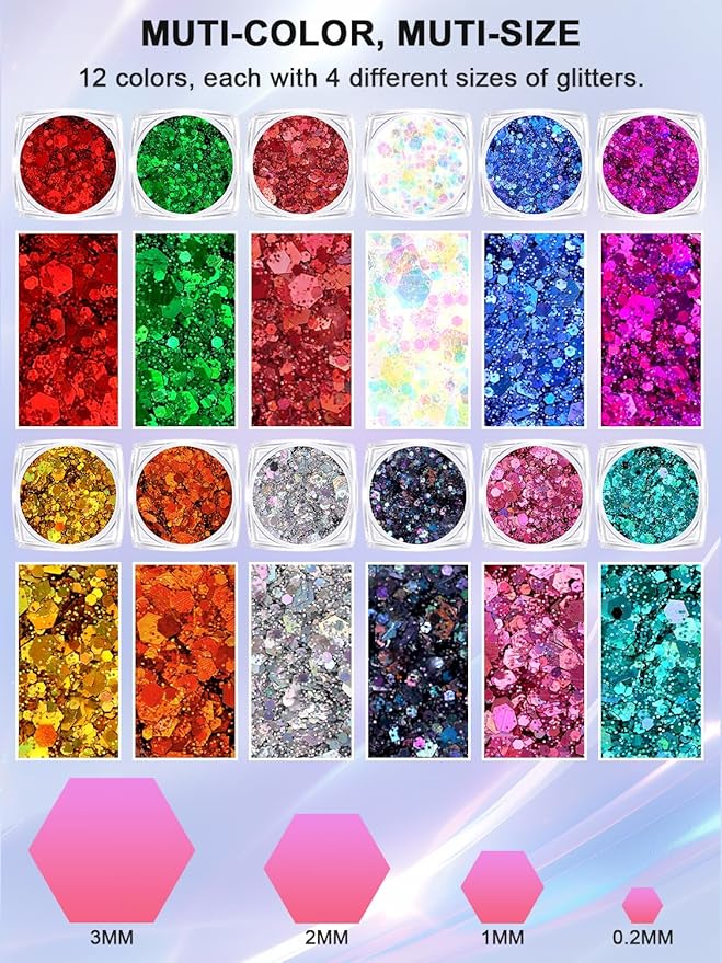 Body Glitter Face Glitter for Women Kids, 12 Colors Halloween Face Glitter, Hair Glitter Gel, Cheer Makeup Stuff, Face Painting Kit Rave Festival Party Christmas Makeup Accessories