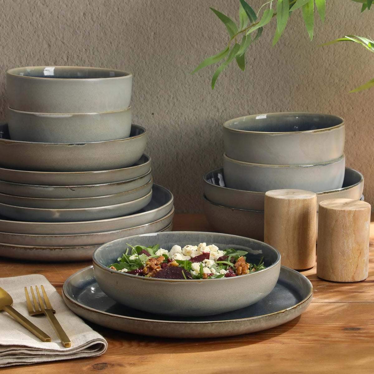 Gibson Elite Sunveil 16 Piece (Service for 4) Plates and Bowls Reactive Glaze Round Dishes Stoneware Ceramic Dinnerware Set -Blue