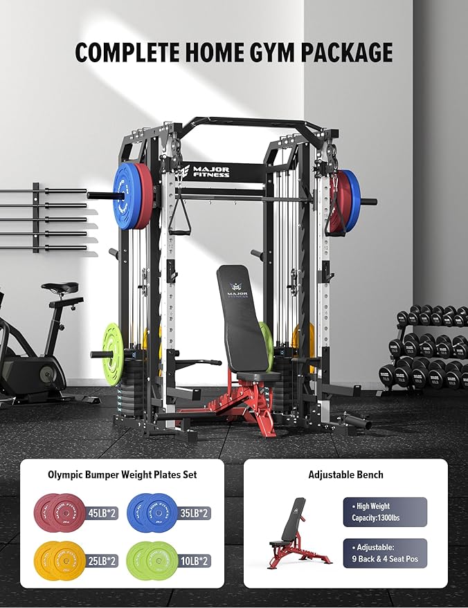 Major Fitness Smith△ Machine Drone2 Premium, All-in-One Home Gym Squat Rack with Aluminum Pulley Set , Weight Bar, Dual LAT Pull-Down Systems & Cable Crossover Machine for Full-Body Workouts