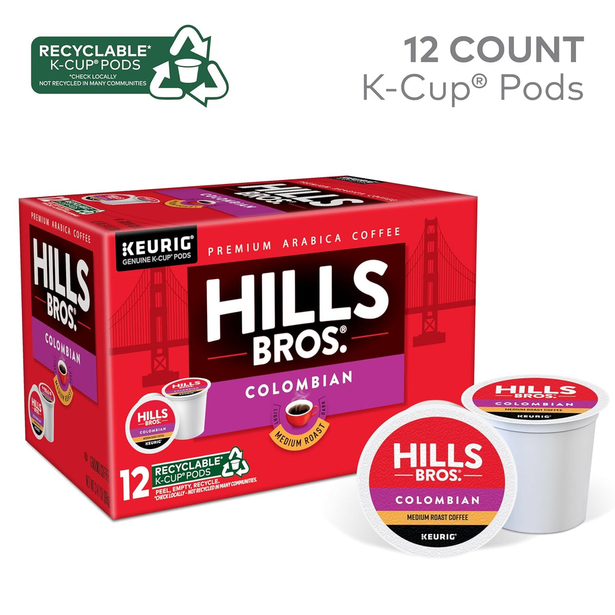 Hills Bros. Colombian Blend Keurig K-Cup Pods for Keurig Brewers – Medium Roast Premium Arabica Blend, Kosher – 2 Pack of 12 Single Serve Pods