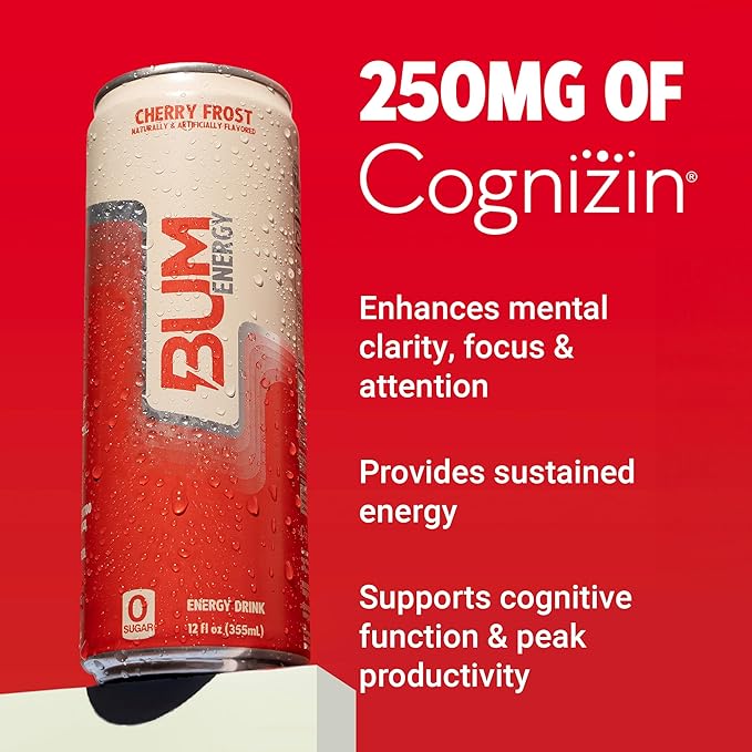 BUM Sugar-Free Energy Drink, Cherry Frost - Lightly Carbonated & No Artificial Colors, Natural Caffeine & Citicoline for Energy & Focus, Brain Boost & Workout Sports Beverage - 12 oz, Pack of 12
