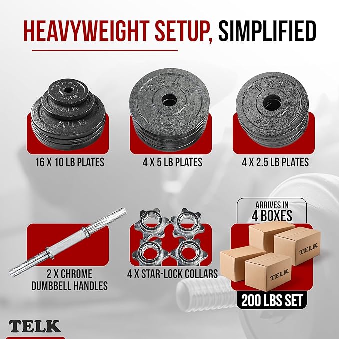 TELK – Adjustable Dumbbell Set – Home Gym Weight Set with Baked Enamel Cast Iron Plates – Space-Saving Free Weights for Strength Training