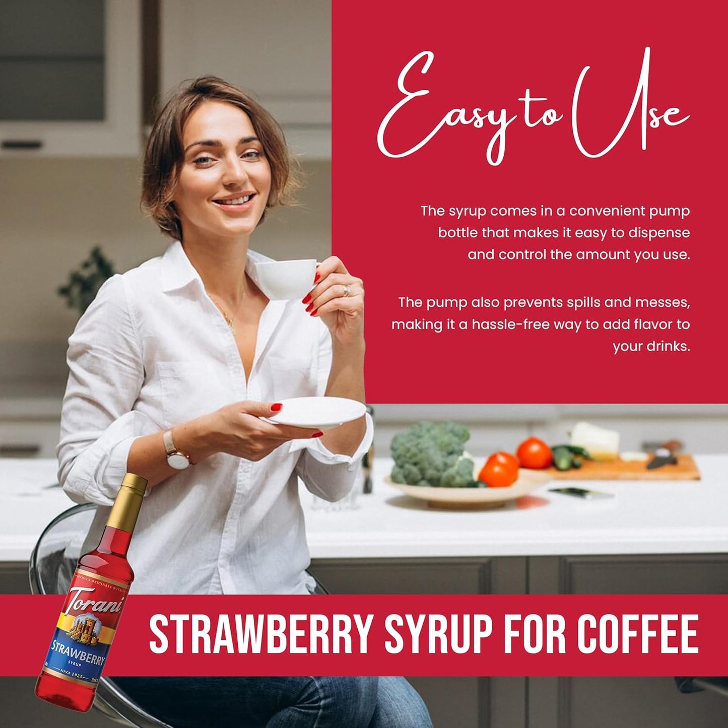 Jimoco® Syrup Pump Dispenser + Torani® Strawberry Syrup, 25.4 oz - Coffee Syrup Pump & Flavoring Bundle