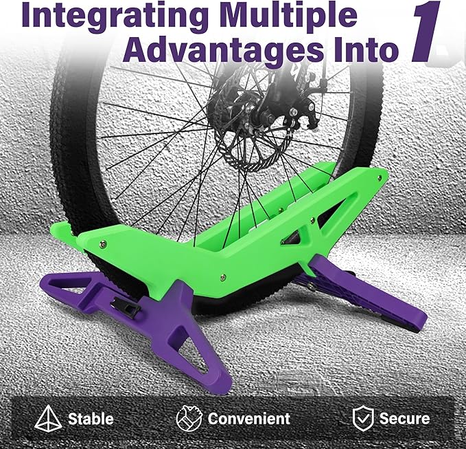 Adjustable Bike Parking Stand Fits 16-29 Inch Bicycles, Compatible with 23c-3.0 Tire Width – Heavy-Duty Plastic, Easy Installation, Stylish Two-Tone Design (Green&Purple)