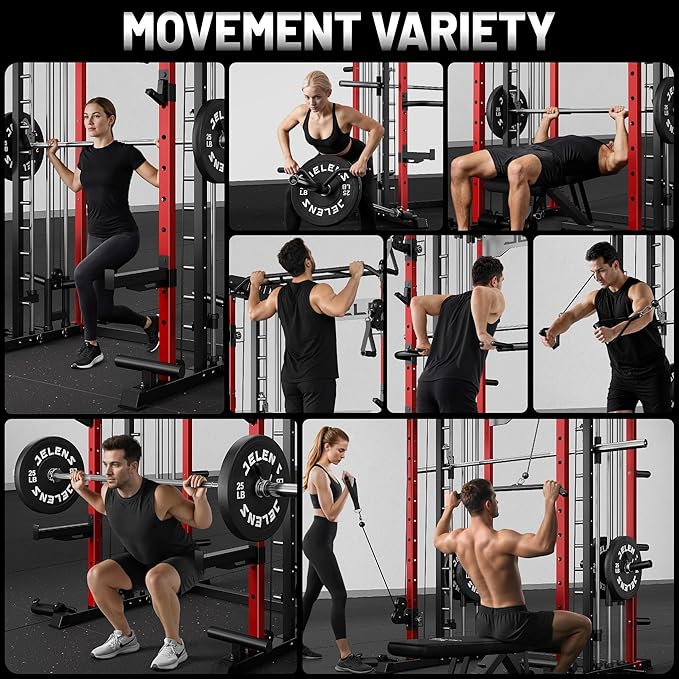 Smith Machine for Home Gym, Multi-Function M12 Power Cage with Cable Crossover System, Squat Rack with Smith Bar and More Attachment