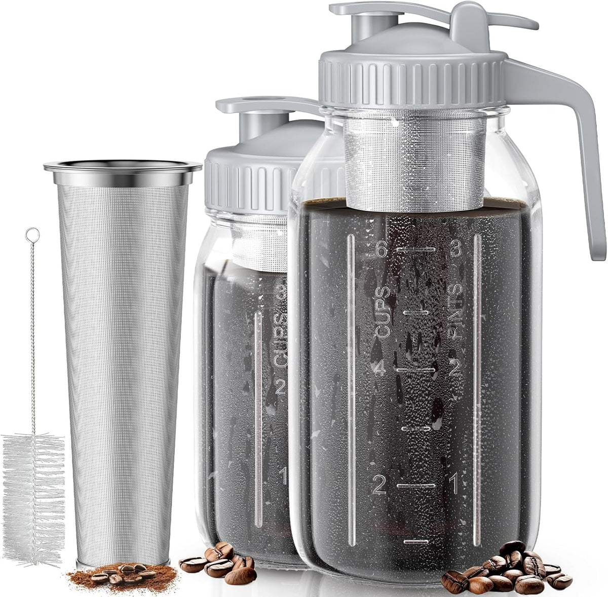 Cold Brew Coffee Maker Jar - 2 Pack 64 oz/32 oz Glass Cold Brew Maker with Handle, Stainless Steel Filter & Leak-Proof Lid, Heavy Duty Cold Brew Pitcher for Iced Coffee, Sun Tea, and Milk