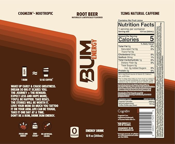 BUM Sugar-Free Energy Drink, Variety Pack - Lightly Carbonated & No Artificial Colors, Natural Caffeine & Citicoline for Energy & Focus, Brain Boost & Workout Sports Beverage - 12 oz, Pack of 12