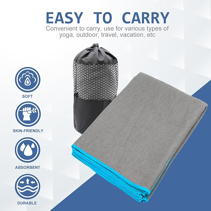 Eunzel 2 Pack Hot Yoga Towel with Grip Dot, Non Slip Yoga Mat Towe Sweat Absorbent Towel for Hot Yoga,Bikram, Pilates and Fitness 72" x 24", Grey
