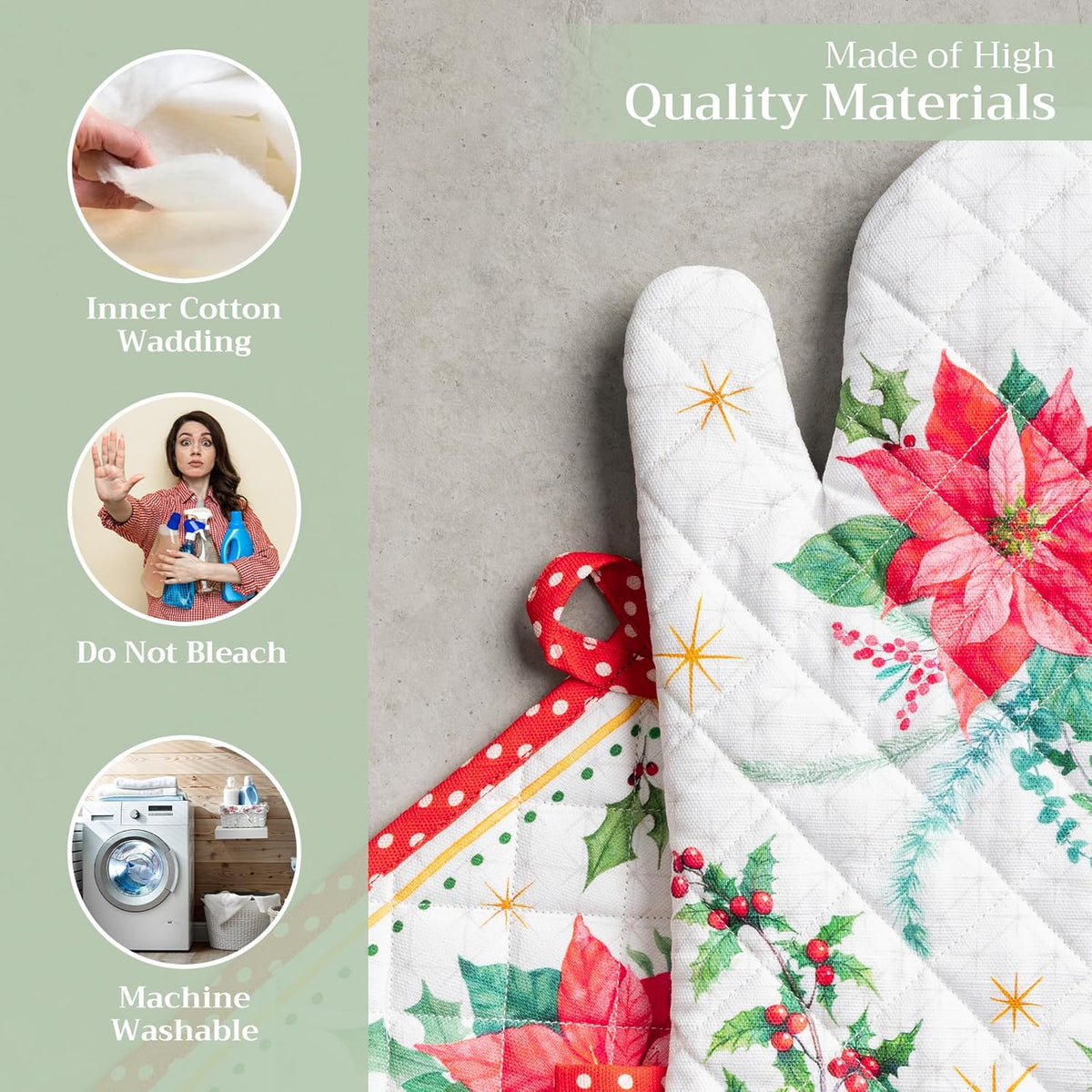 Maison d' Hermine 100% Cotton Oven Mitt & Pot Holder Set (7.5"x13" & 8"x8") Heat Resistant BBQ Cooking Gloves with Loop, Baking, Grilling, Kitchen, Handling Hot Pans (Poinsettia Christmas)