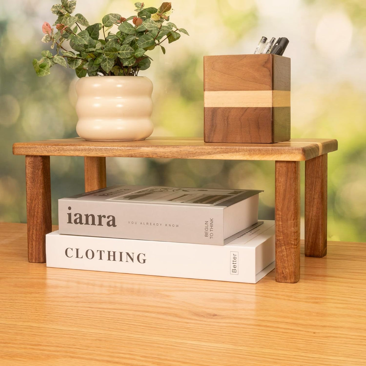 Acacia Wooden Desktop Organizer Shelf Kitchen Cabinet and Counter Riser Display Shelf for Top of Desk Home Office Bathroom Coffee Table Display Stand