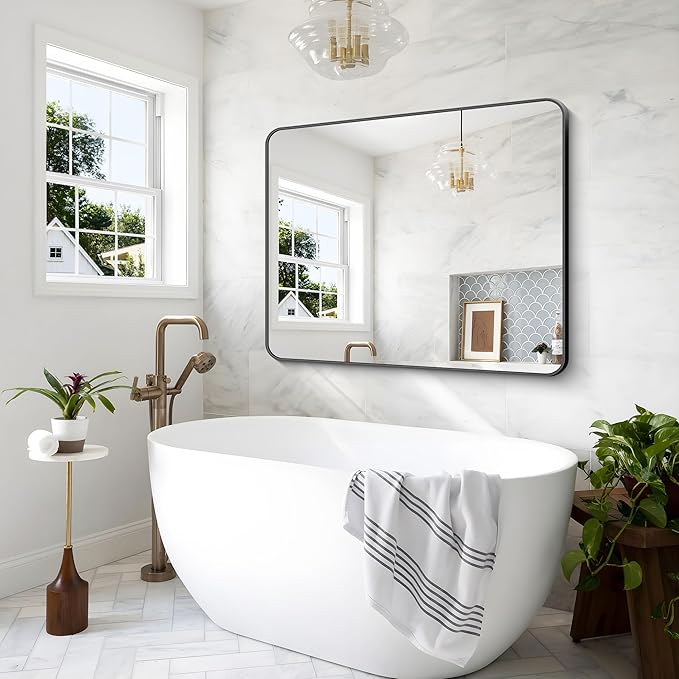 Black Bathroom Mirror,40x48 inch Wall Mirror for Bathroom Wall Mounted,Rectangle Mirror for Bathroom Over Sink,Modern Frame Round Corner for Living Room,Bedroom Entryway,Horizontal/Vertical