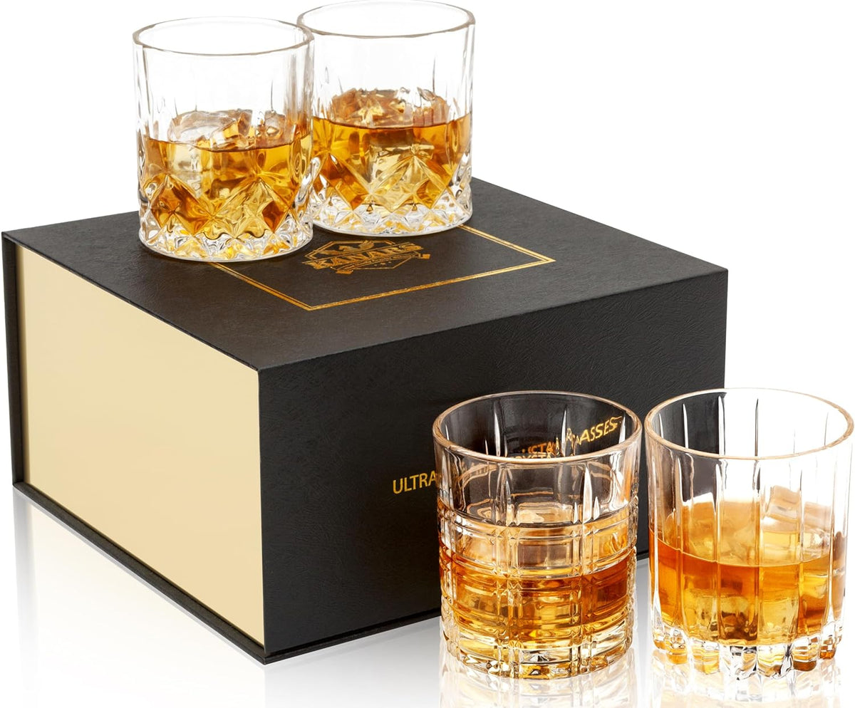 KANARS Old Fashioned Whiskey Glasses - Multi Designs Bourbon Glass 10 oz with Luxury Box - Ultra Clear Crystal Rocks Barware for Scotch, Irish Whisky, Rum and Cocktail - Set of 4