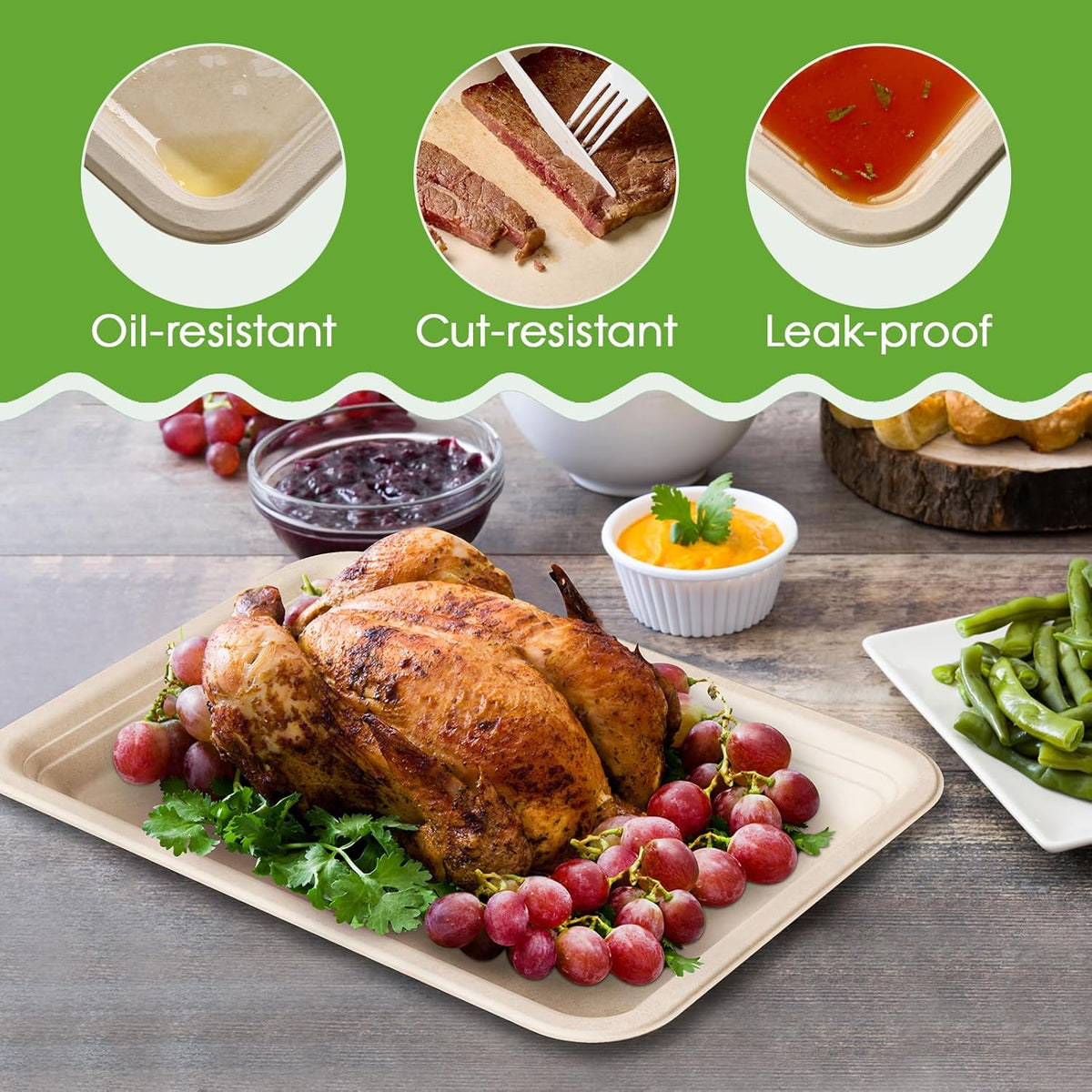 ECOLipak 50 Pack 14 Inch Disposable Food Crawfish Trays, Compostable Large Paper Plates, Disposable Thanksgiving Trays for Serving Food, Turkey, BBQ, Seafood Boil Party Supplies(Nature)