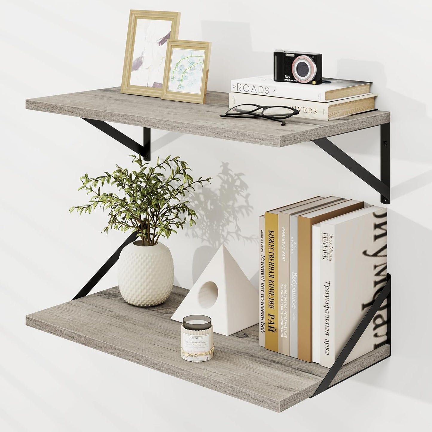 Dreamland Deep Floating Shelves for Wall, Grey Wood Wall Mounted Shelves, Large Floating Shelf 12 * 24 inchSet of 2 for Bookshelf Living Room Bedroom Home Office Bathroom