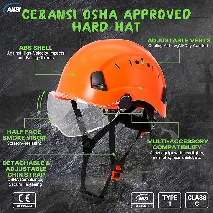 AOLAMEGS Construction Vented Hard Hats -Adjustable Vented Hard Hat with Visor for Men Women ABS Safety Helmet 6-Point Suspension Work Hardhats for Outdoor Height Industrial (Orange Clear Visor)
